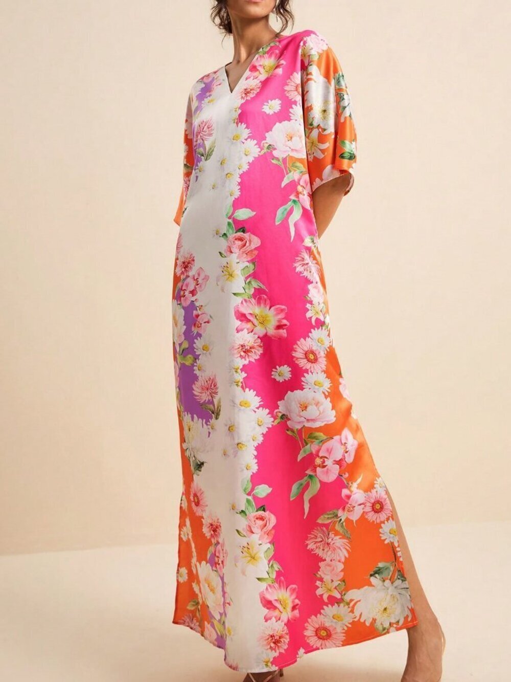 Multicolor Boho Women's Colorful Floral V-Neck Short Sleeve Maxi Dress